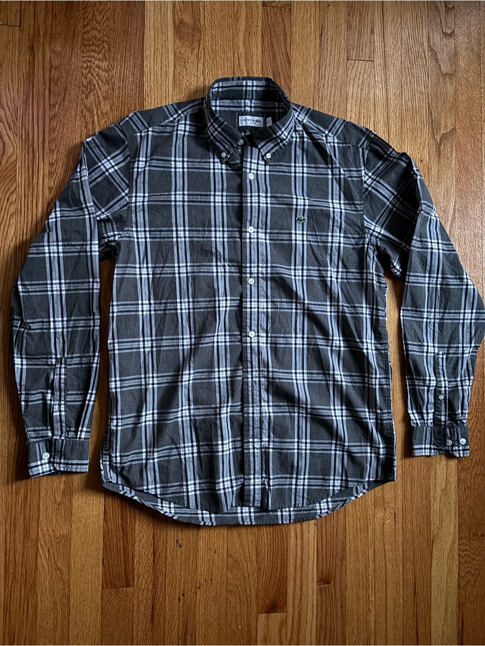 Lacoste Men's Black & White Slim Fit Plaid Button-Down Shirt Logo Fr 46 XXL